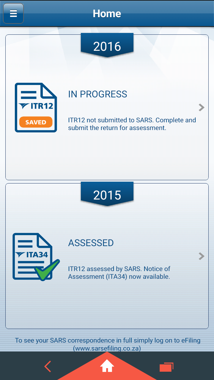 Screenshot: SARS mobile eFiling app